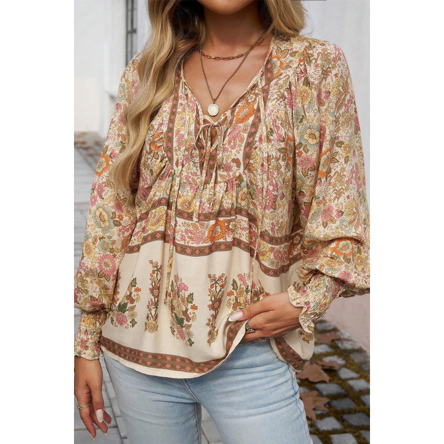 Yellow Floral Print Tie Neck Lantern Sleeve Blouse Sale (50% OFF)/Sale OFF)