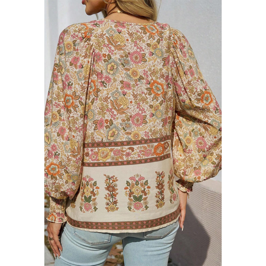 Yellow Floral Print Tie Neck Lantern Sleeve Blouse Sale (50% OFF)/Sale OFF)