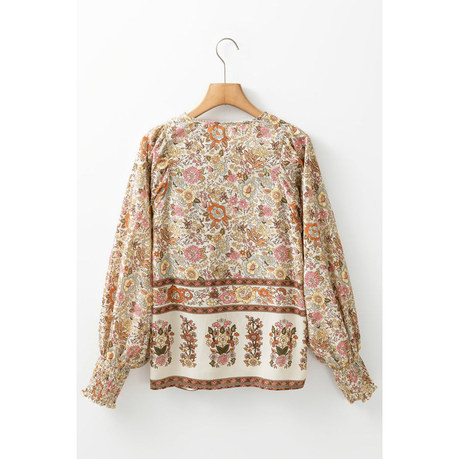 Yellow Floral Print Tie Neck Lantern Sleeve Blouse Sale (50% OFF)/Sale OFF)