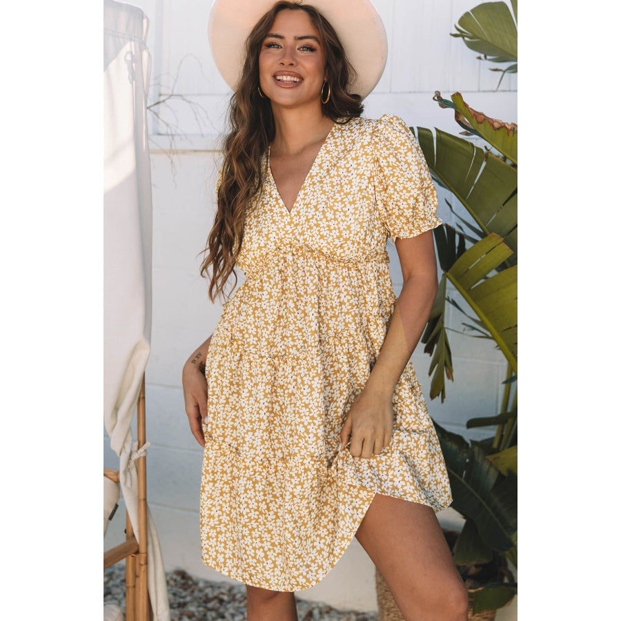 Yellow Floral Short Sleeve V Neck Frilly Tiered Mini Dress Yellow / S / 100% Polyester Dresses/Floral Dresses