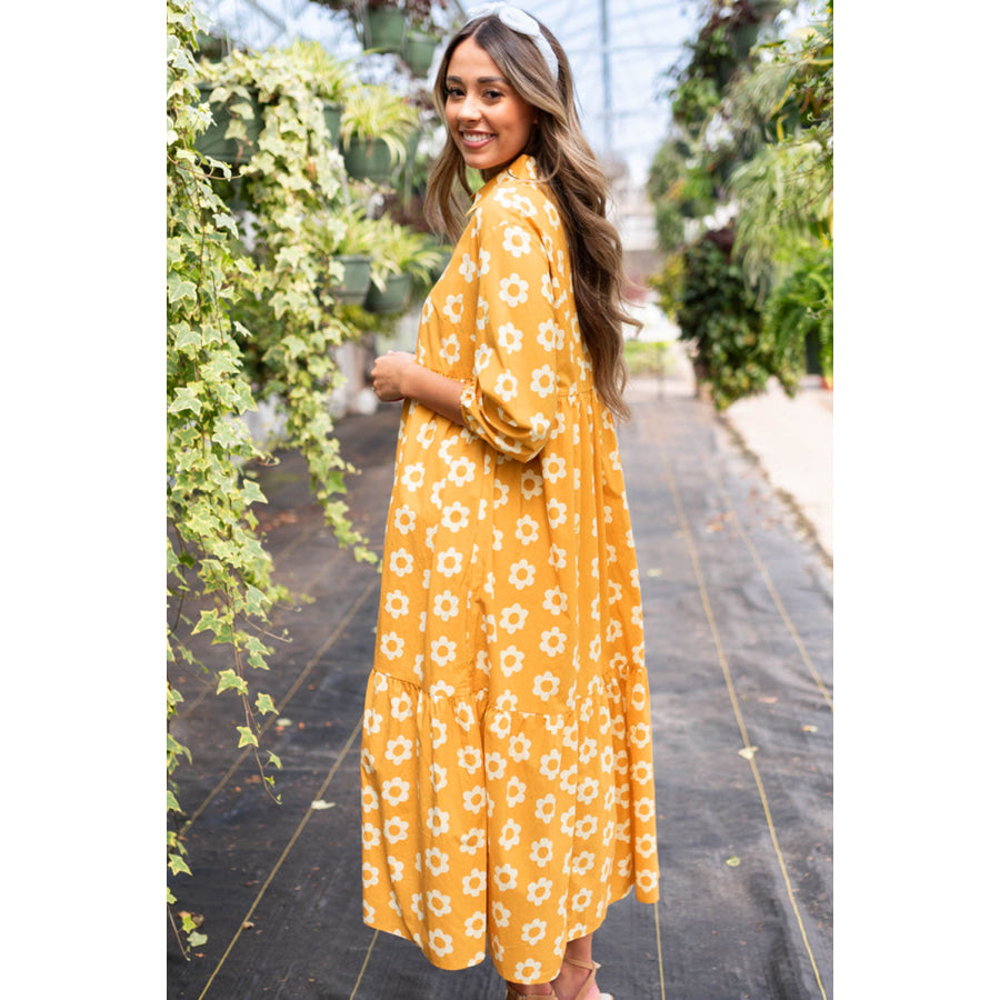 Yellow Flower Print Bracelet Sleeve Buttons Collared Maxi Dress Dresses/Maxi Dresses