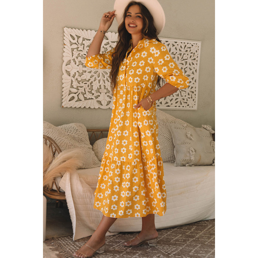 Yellow Flower Print Bracelet Sleeve Buttons Collared Maxi Dress Dresses/Maxi Dresses