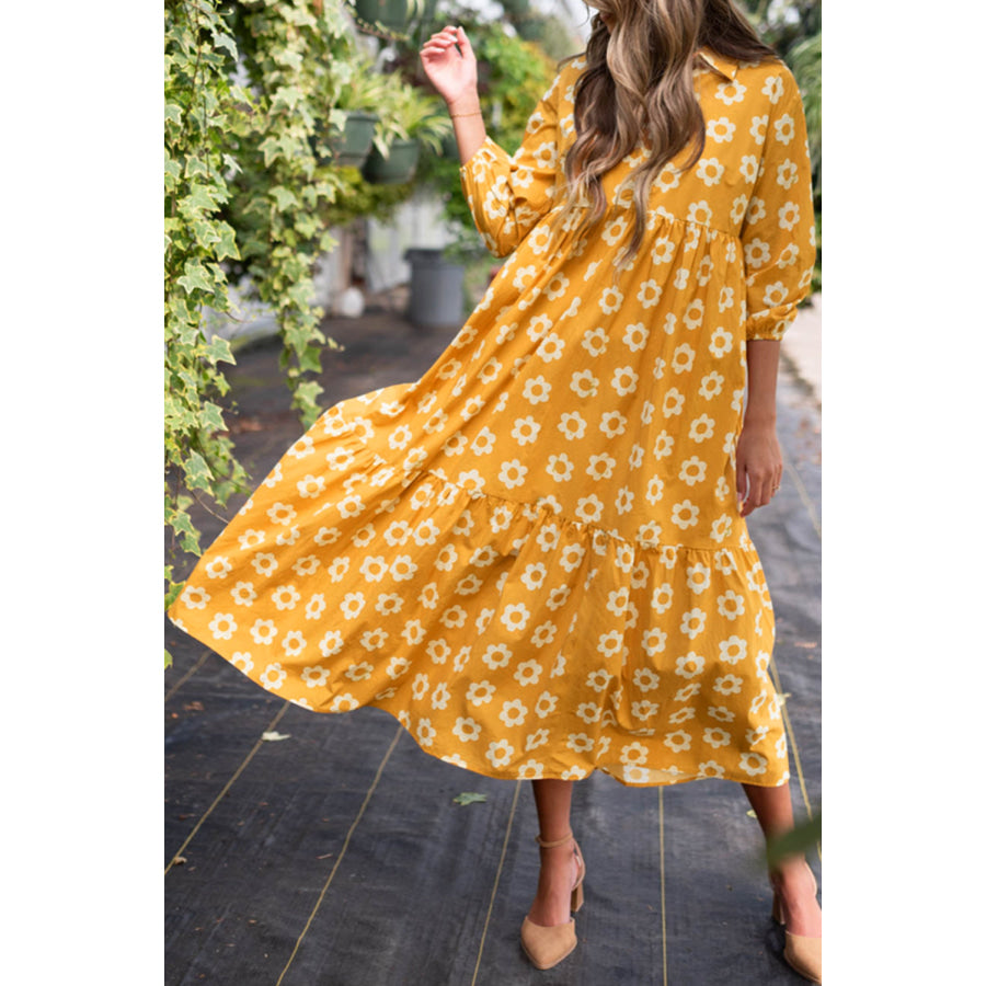 Yellow Flower Print Bracelet Sleeve Buttons Collared Maxi Dress Dresses/Maxi Dresses