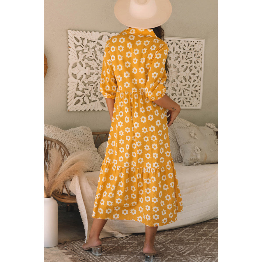 Yellow Flower Print Bracelet Sleeve Buttons Collared Maxi Dress Dresses/Maxi Dresses