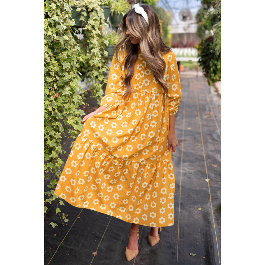 Yellow Flower Print Bracelet Sleeve Buttons Collared Maxi Dress Dresses/Maxi Dresses
