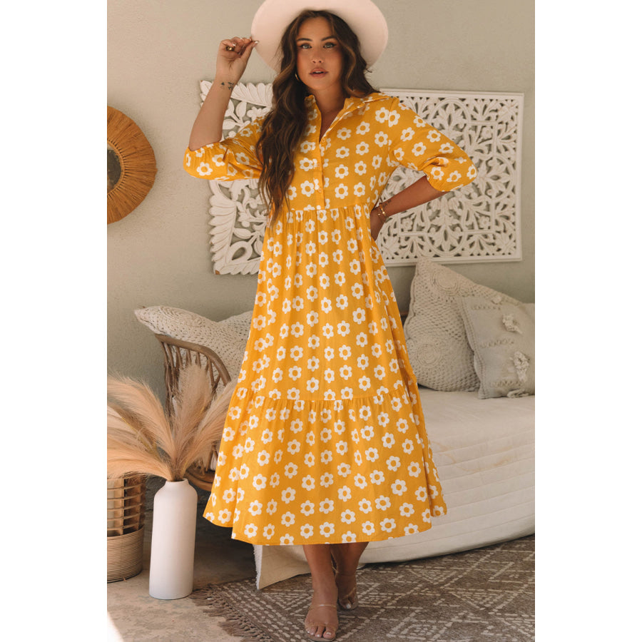 Yellow Flower Print Bracelet Sleeve Buttons Collared Maxi Dress Dresses/Maxi Dresses