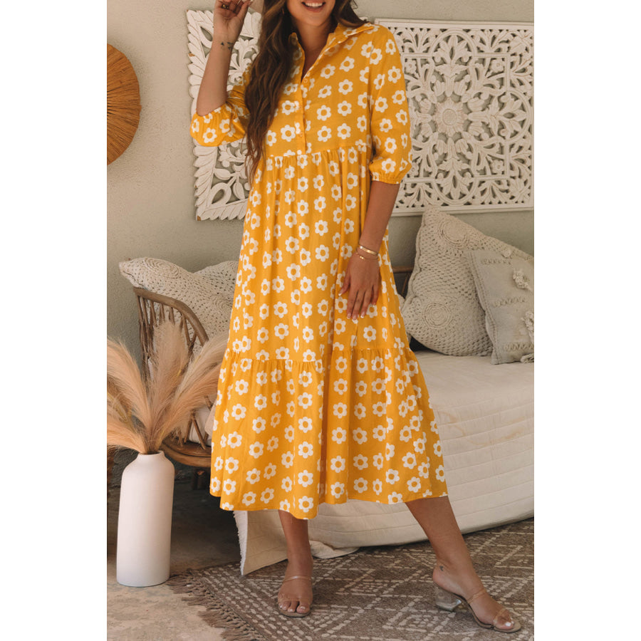 Yellow Flower Print Bracelet Sleeve Buttons Collared Maxi Dress Dresses/Maxi Dresses