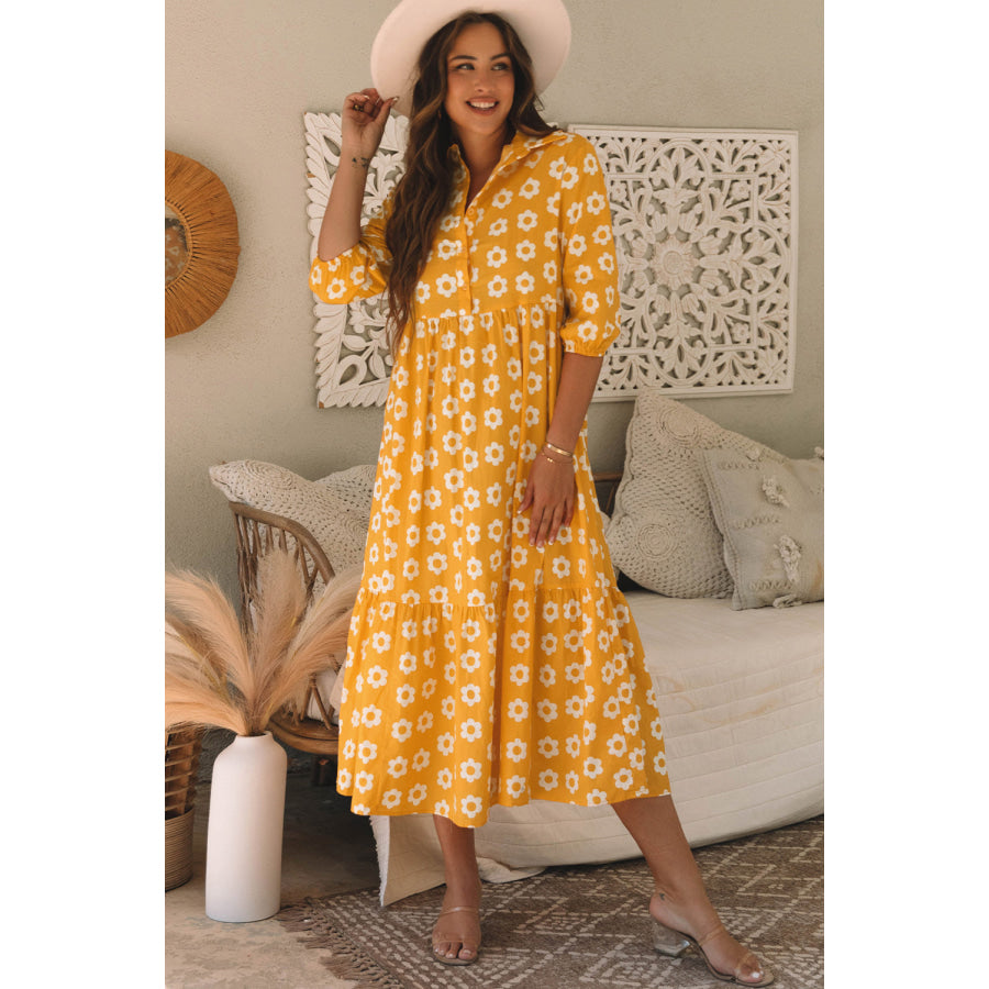 Yellow Flower Print Bracelet Sleeve Buttons Collared Maxi Dress Yellow / S / 100% Cotton Dresses/Maxi Dresses