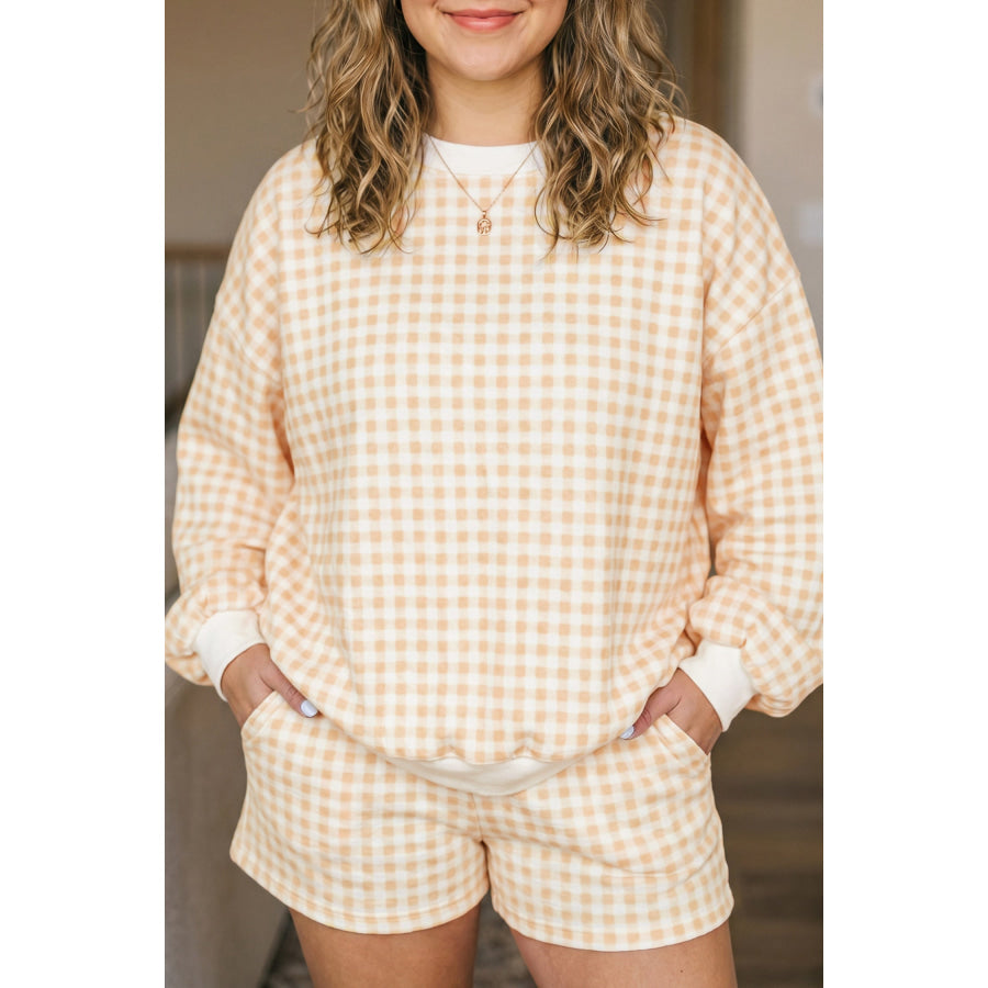 Yellow Gingham Loose Pullover Top Drawstring Shorts Plus Size Set / 1X Size/Plus Loungewear