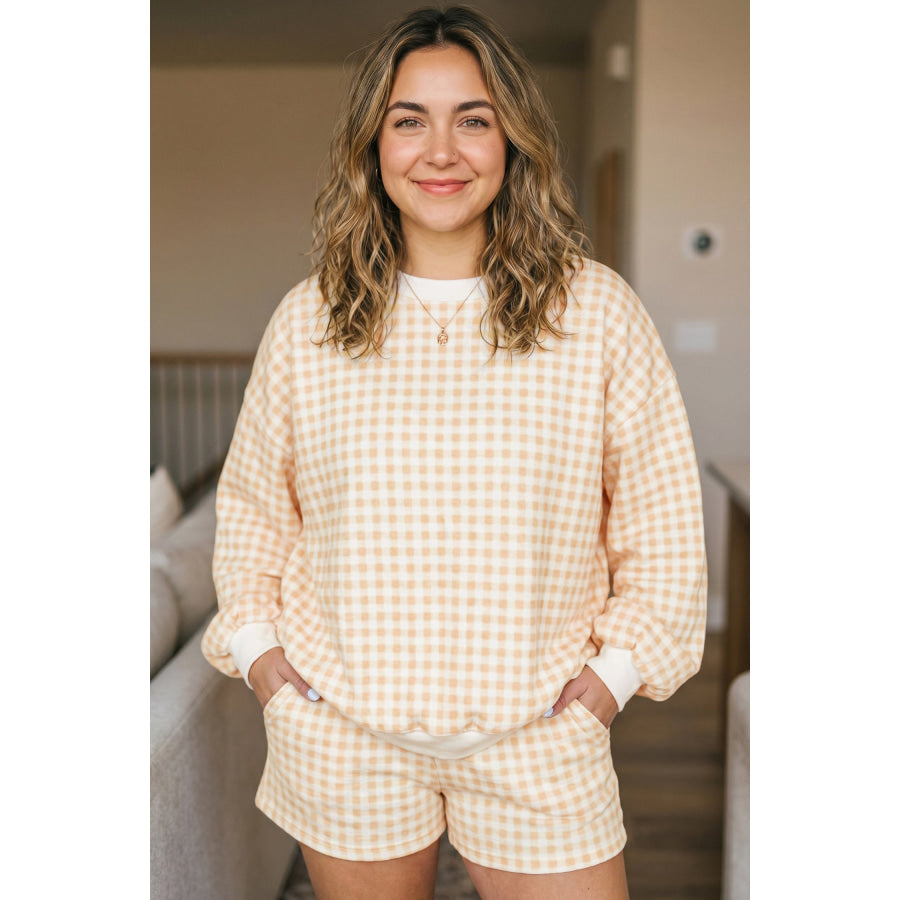 Yellow Gingham Loose Pullover Top Drawstring Shorts Plus Size Set Size/Plus Loungewear