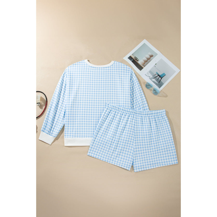 Yellow Gingham Loose Pullover Top Drawstring Shorts Plus Size Set Size/Plus Loungewear