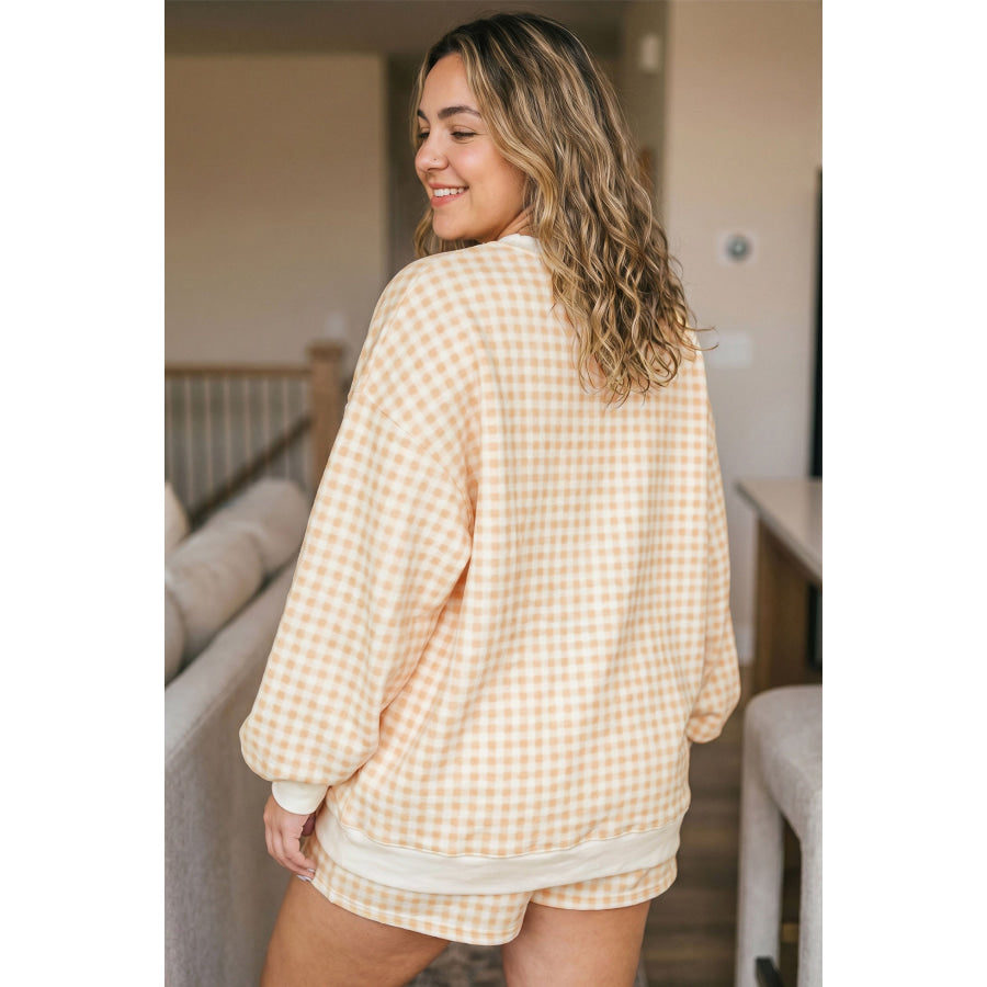 Yellow Gingham Loose Pullover Top Drawstring Shorts Plus Size Set Size/Plus Loungewear
