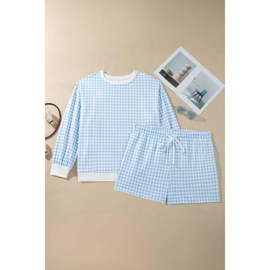 Yellow Gingham Loose Pullover Top Drawstring Shorts Plus Size Set Size/Plus Loungewear