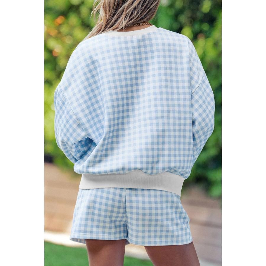Yellow Gingham Loose Pullover Top Drawstring Shorts Plus Size Set Size/Plus Loungewear