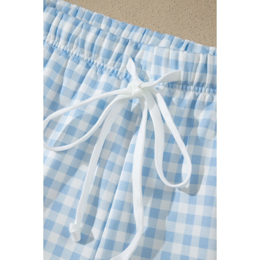 Yellow Gingham Loose Pullover Top Drawstring Shorts Plus Size Set Size/Plus Loungewear