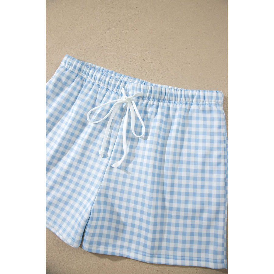 Yellow Gingham Loose Pullover Top Drawstring Shorts Plus Size Set Size/Plus Loungewear