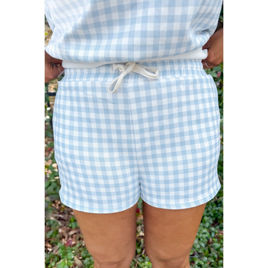 Yellow Gingham Loose Pullover Top Drawstring Shorts Plus Size Set Size/Plus Loungewear