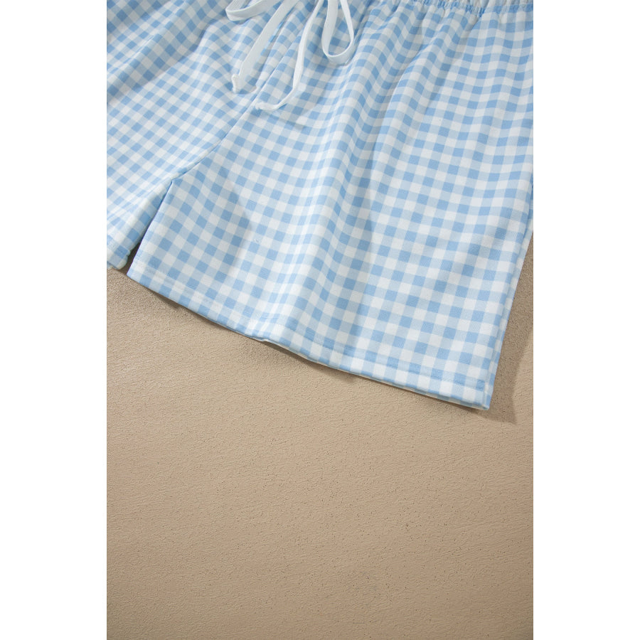 Yellow Gingham Loose Pullover Top Drawstring Shorts Plus Size Set Size/Plus Loungewear