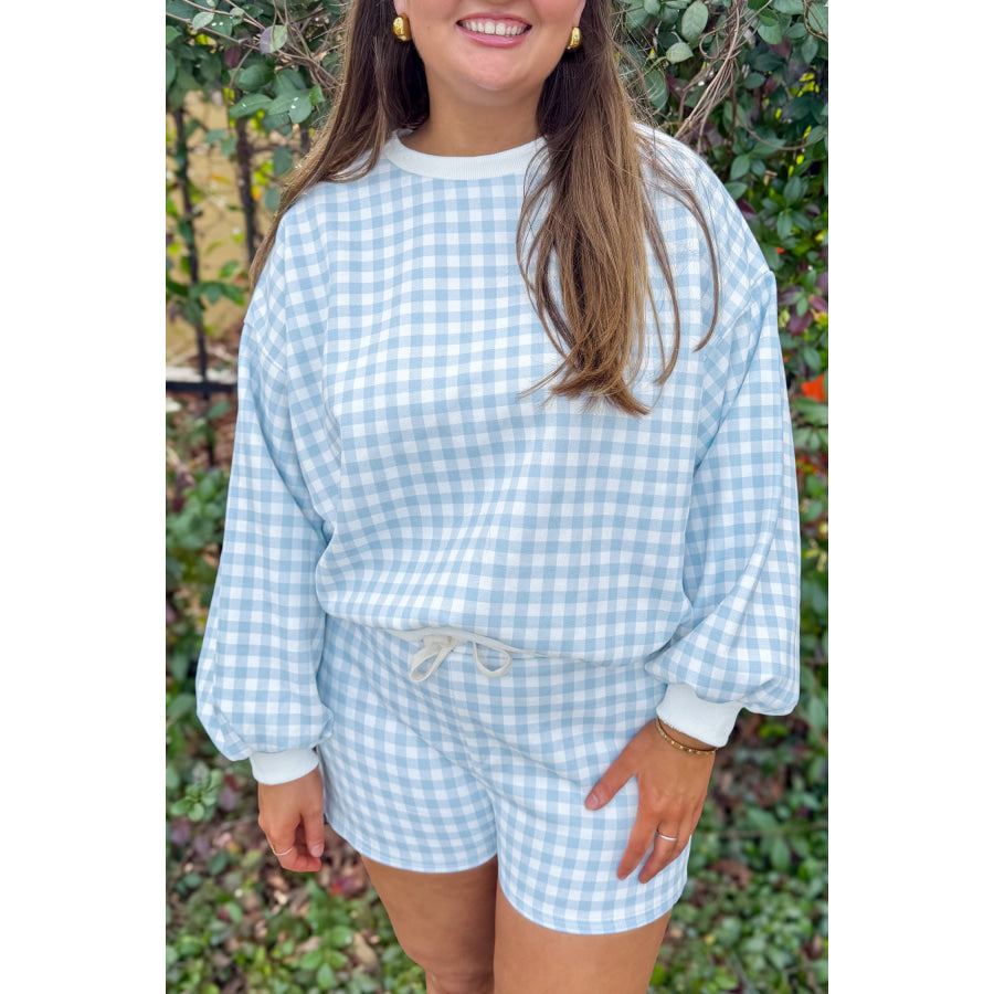Yellow Gingham Loose Pullover Top Drawstring Shorts Plus Size Set Sky Blue / 1X Size/Plus Loungewear