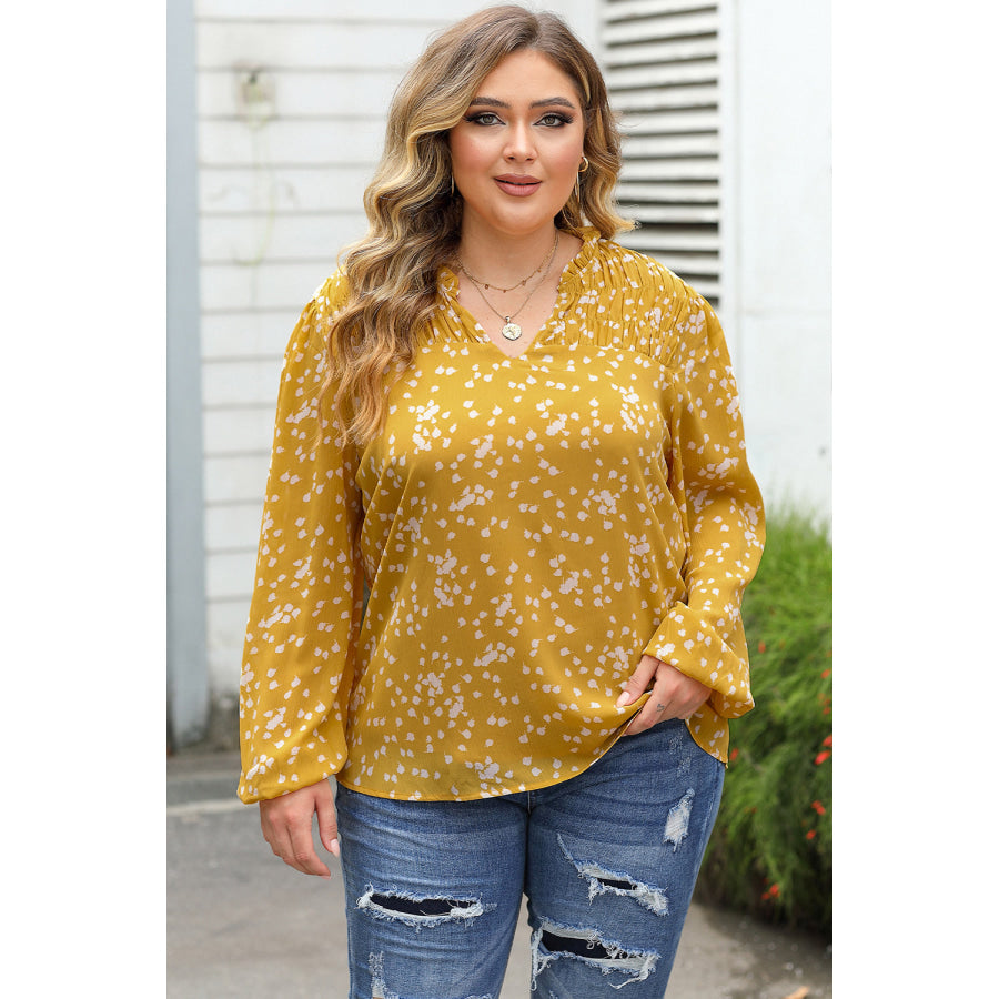 Yellow Plus Size Floral Print Ruched Split Neck Blouse Yellow / 1X / 100% Polyester Sale (50% OFF)/Sale (50% OFF)