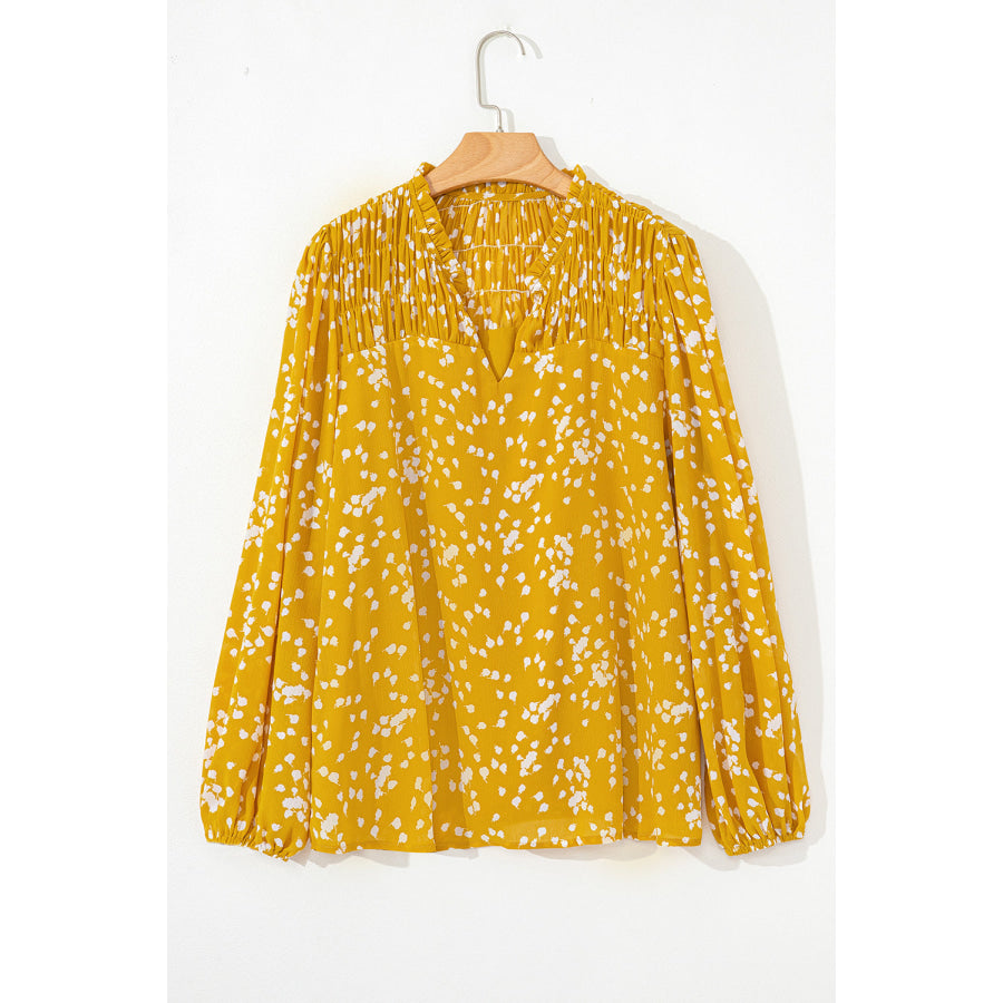 Yellow Plus Size Floral Print Ruched Split Neck Blouse Sale (50% OFF)/Sale (50% OFF)