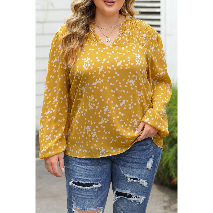 Yellow Plus Size Floral Print Ruched Split Neck Blouse Sale (50% OFF)/Sale (50% OFF)