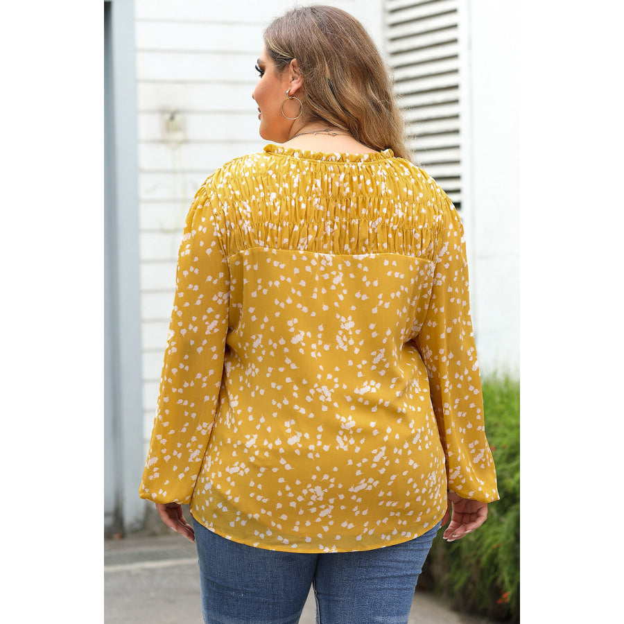 Yellow Plus Size Floral Print Ruched Split Neck Blouse Sale (50% OFF)/Sale (50% OFF)