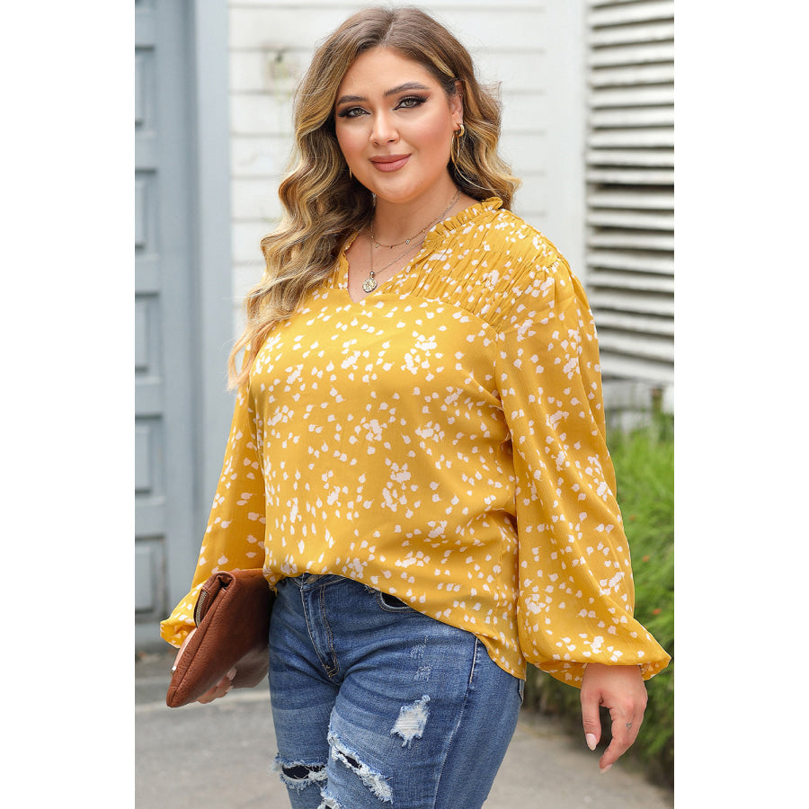 Yellow Plus Size Floral Print Ruched Split Neck Blouse Sale (50% OFF)/Sale (50% OFF)
