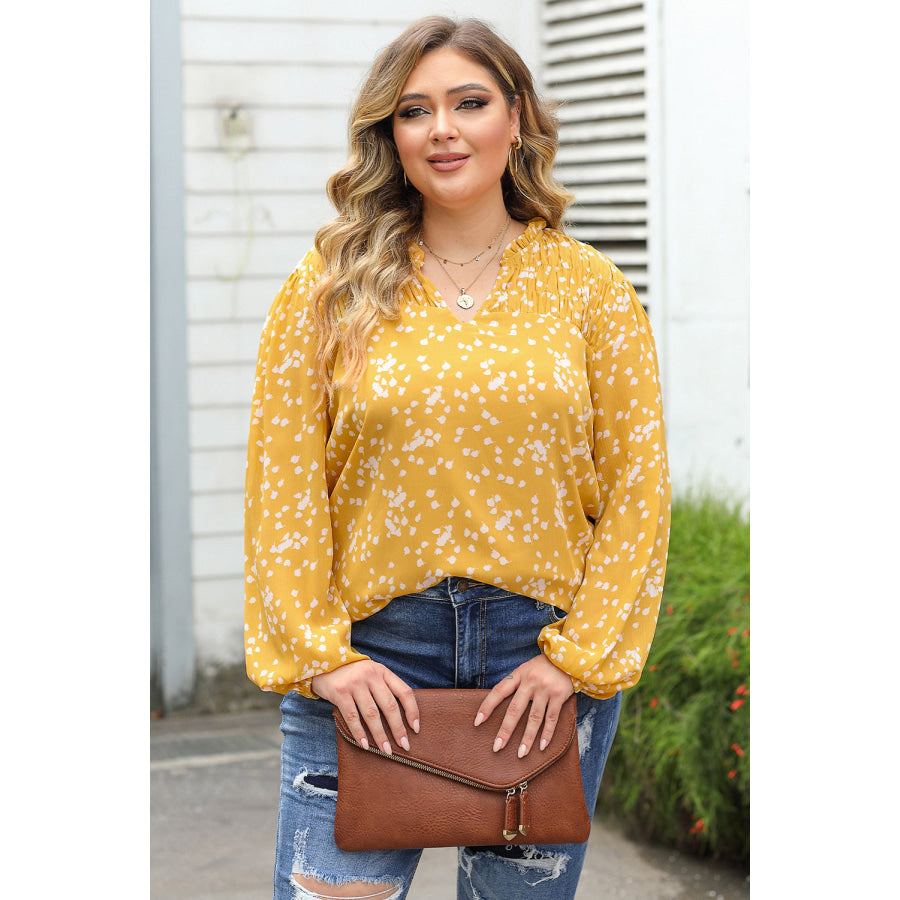 Yellow Plus Size Floral Print Ruched Split Neck Blouse Sale (50% OFF)/Sale (50% OFF)