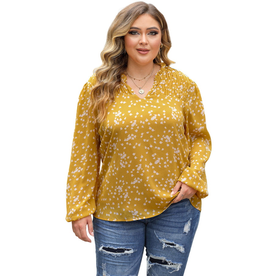 Yellow Plus Size Floral Print Ruched Split Neck Blouse Sale (50% OFF)/Sale (50% OFF)