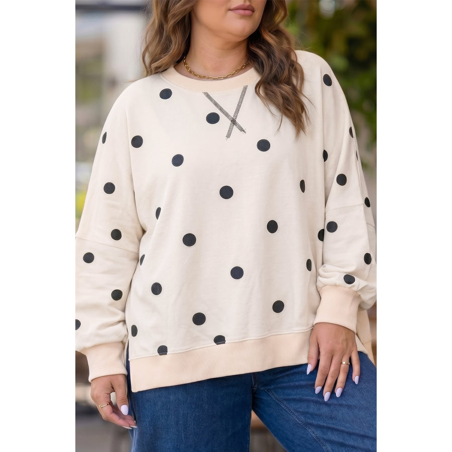 Yellow Round Neck Long Sleeve Polka Dot Plus Size Top Beige / 1X Plus Size/Plus Size Sweatshirts & Hoodies