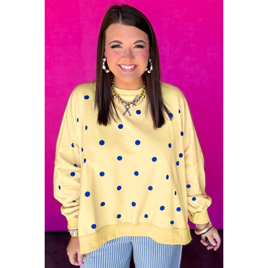 Yellow Round Neck Long Sleeve Polka Dot Plus Size Top Plus Size/Plus Size Sweatshirts & Hoodies