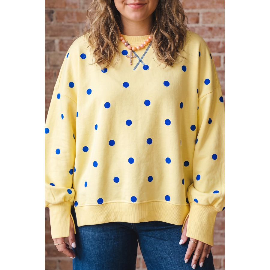 Yellow Round Neck Long Sleeve Polka Dot Plus Size Top Plus Size/Plus Size Sweatshirts & Hoodies