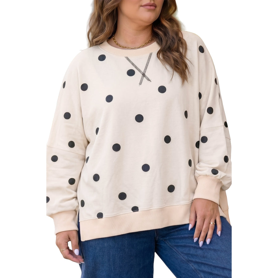 Yellow Round Neck Long Sleeve Polka Dot Plus Size Top Plus Size/Plus Size Sweatshirts & Hoodies