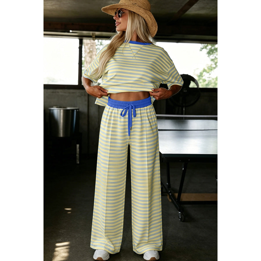 Yellow Stripe Colorblock Trim Crew Neck Loose Tee Drawstring Elastic Waist 2pcs Pant Set Two Piece Sets/Pant Sets