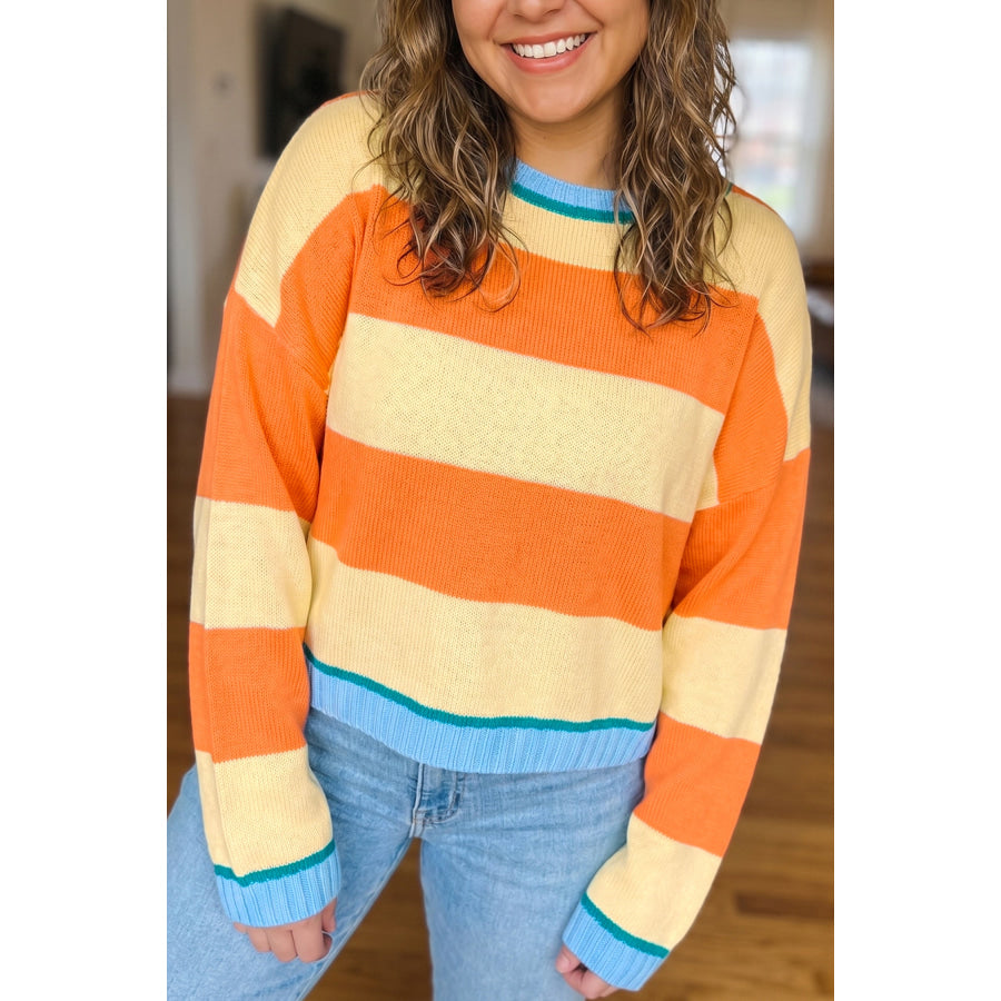Yellow Stripe Striped Colorblock Round Neck Long Sleeve Oversized Plus Size Sweater / 1X Size/Plus Sweaters & Cardigans