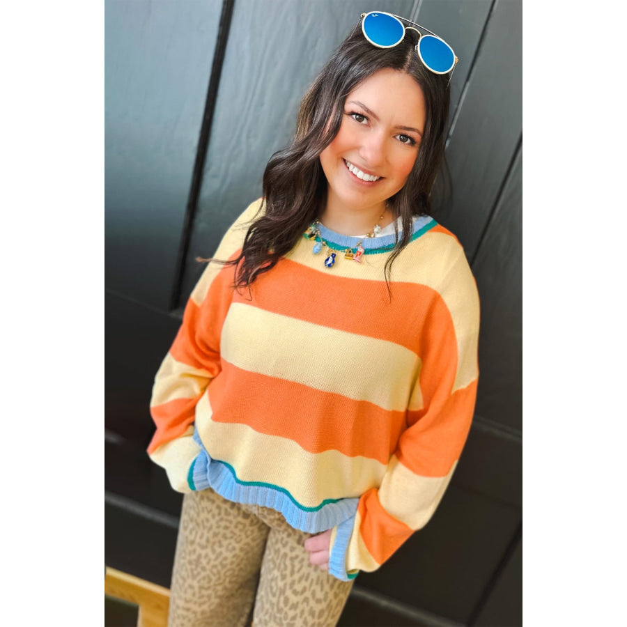 Yellow Stripe Striped Colorblock Round Neck Long Sleeve Oversized Plus Size Sweater Size/Plus Sweaters & Cardigans