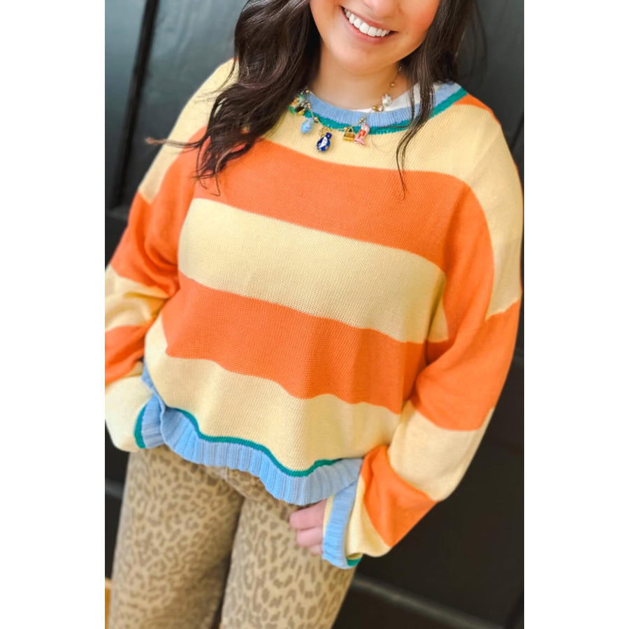 Yellow Stripe Striped Colorblock Round Neck Long Sleeve Oversized Plus Size Sweater Size/Plus Sweaters & Cardigans