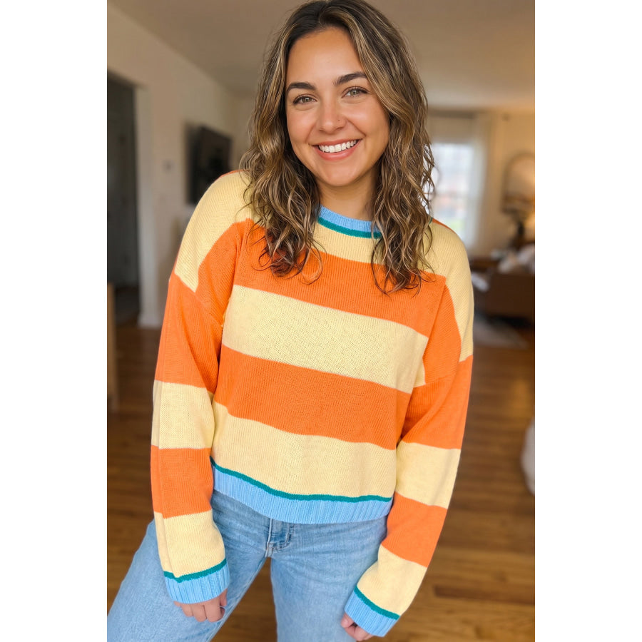 Yellow Stripe Striped Colorblock Round Neck Long Sleeve Oversized Plus Size Sweater Size/Plus Sweaters & Cardigans