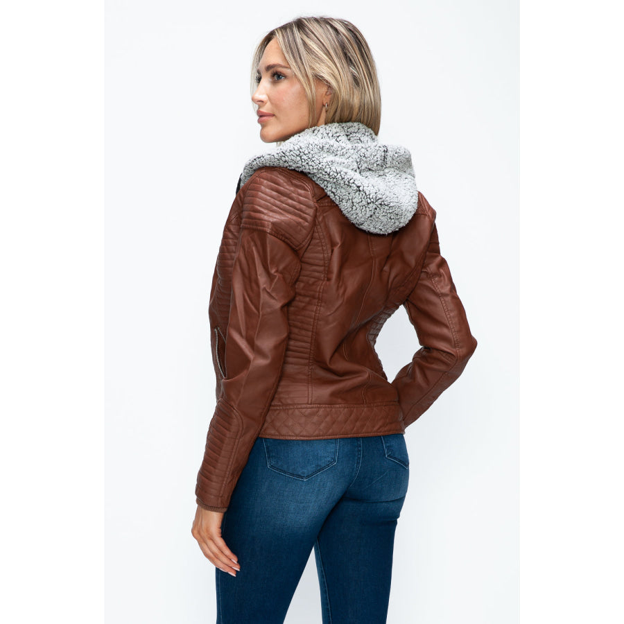 YMI Faux Layered Double-Zipper Jacket with Fuzzy Hood Apparel and Accessories