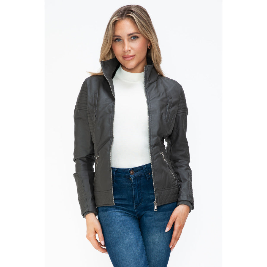 YMI Faux Layered Double-Zipper Jacket with Fuzzy Hood Apparel and Accessories