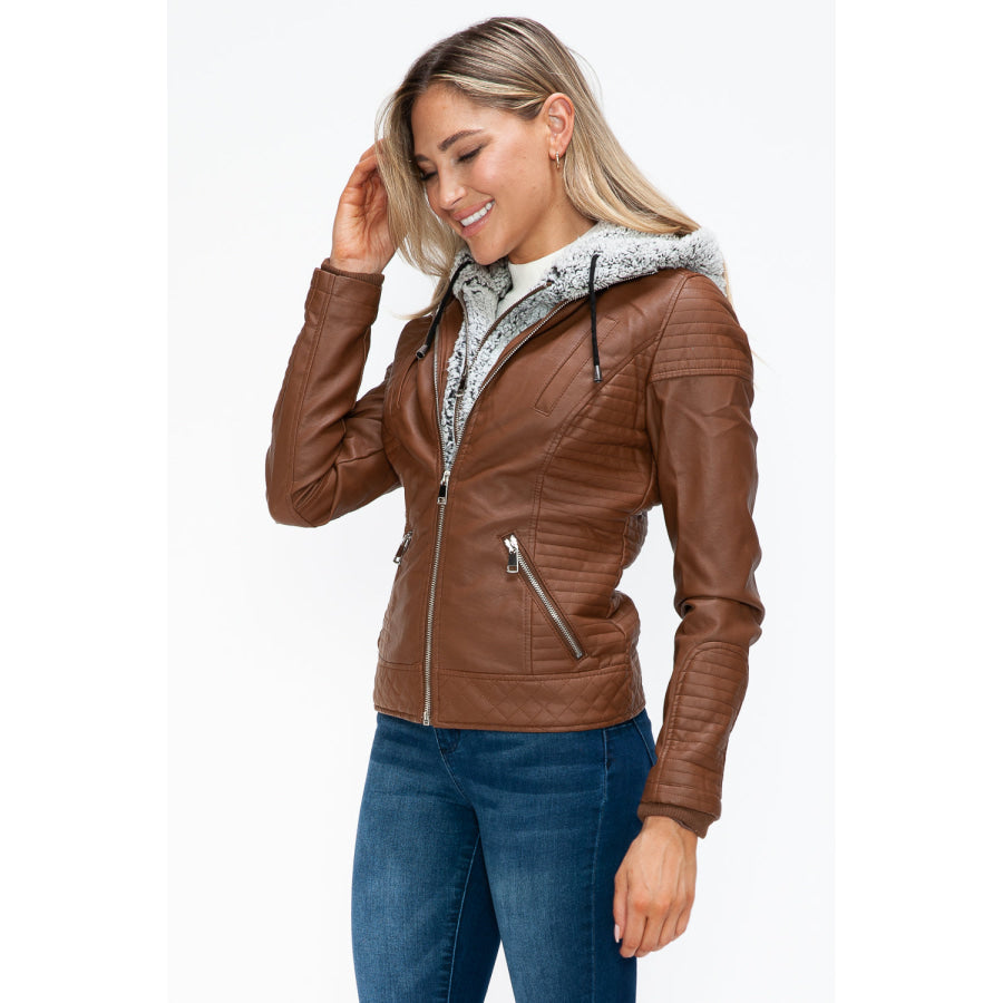 YMI Faux Layered Double-Zipper Jacket with Fuzzy Hood Apparel and Accessories