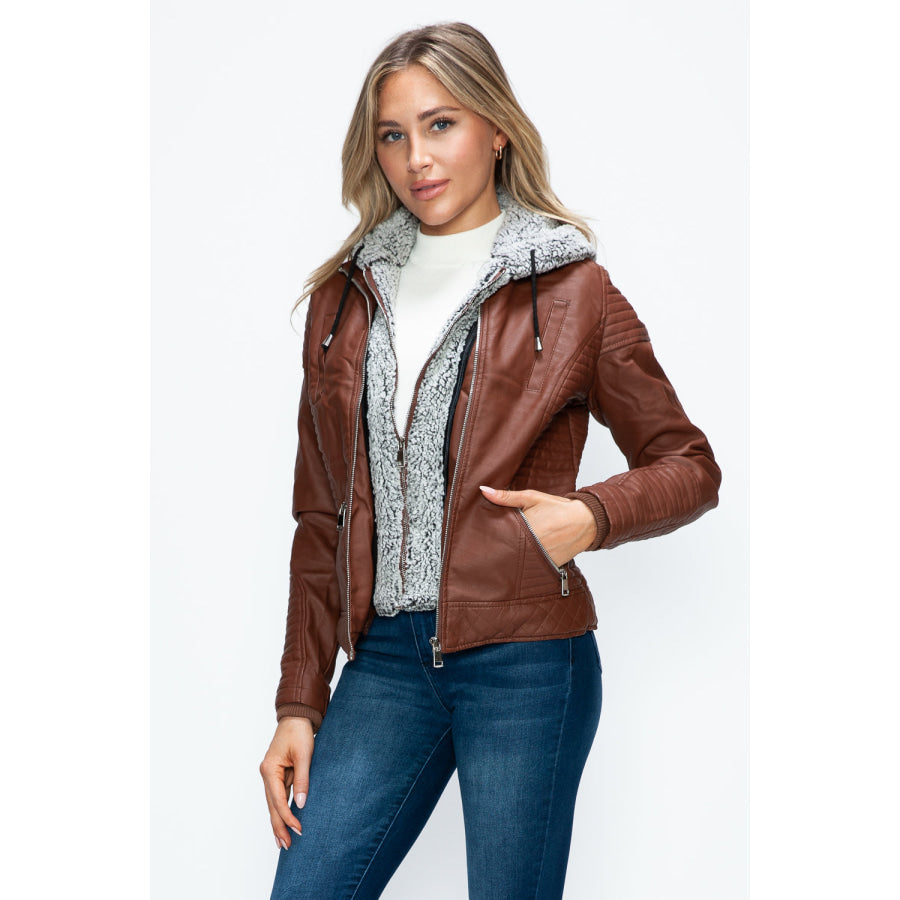 YMI Faux Layered Double-Zipper Jacket with Fuzzy Hood Apparel and Accessories