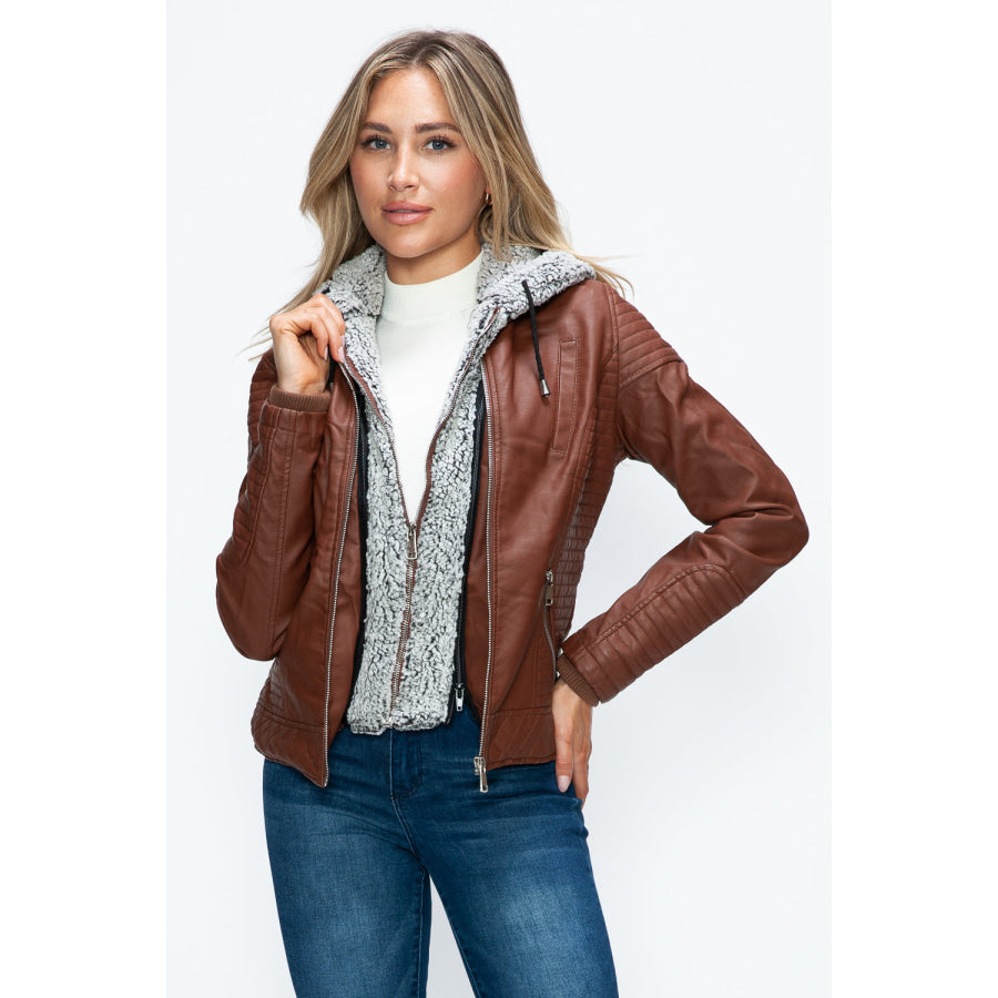 YMI Faux Layered Double-Zipper Jacket with Fuzzy Hood Apparel and Accessories