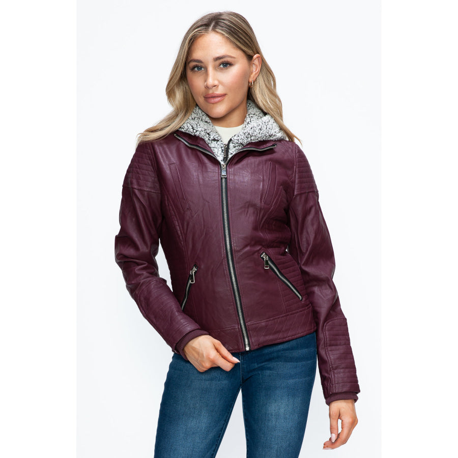 YMI Faux Layered Double-Zipper Jacket with Fuzzy Hood Apparel and Accessories