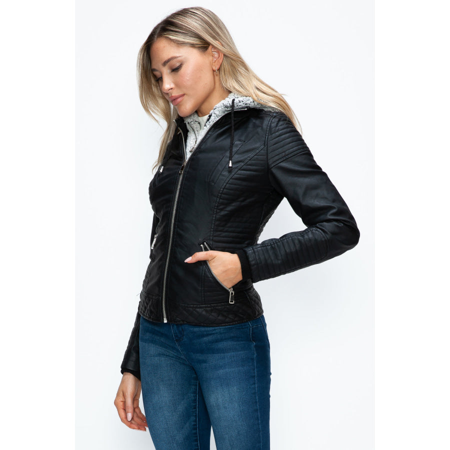 YMI Faux Layered Double-Zipper Jacket with Fuzzy Hood Apparel and Accessories