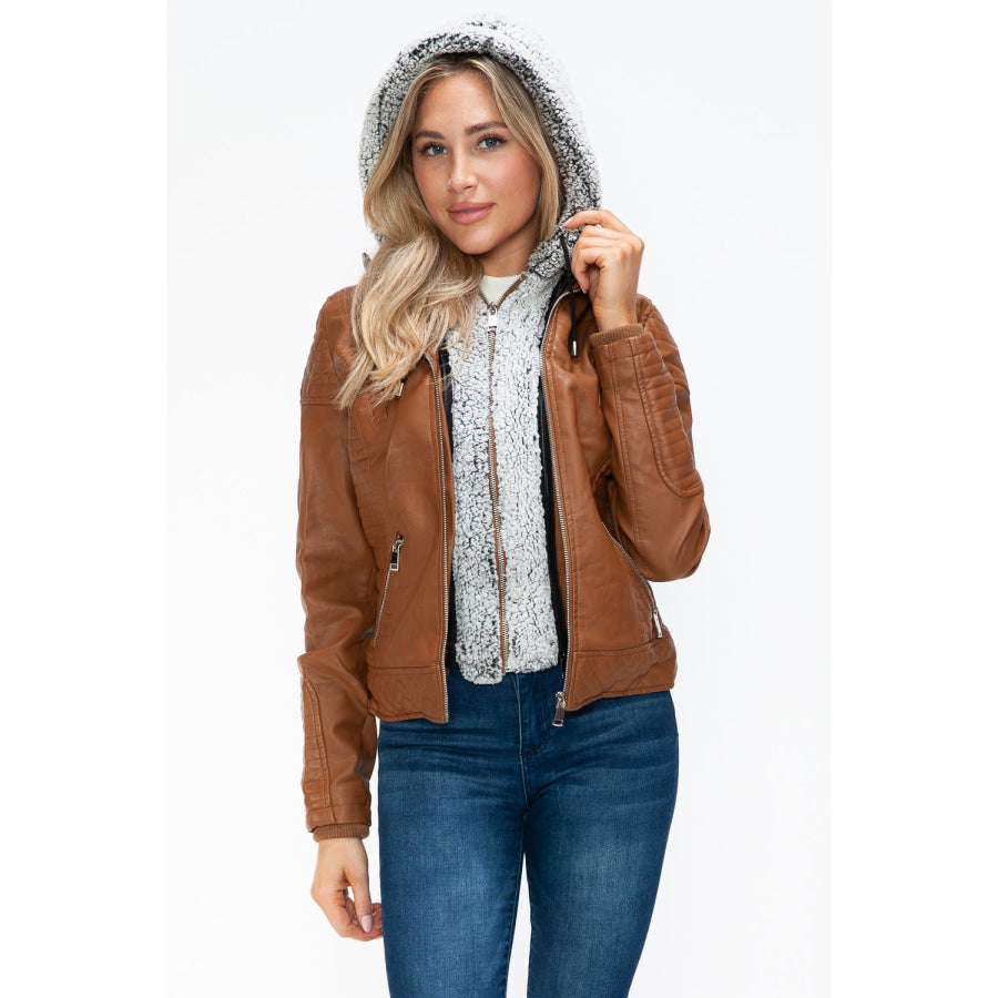 YMI Faux Layered Double-Zipper Jacket with Fuzzy Hood Apparel and Accessories