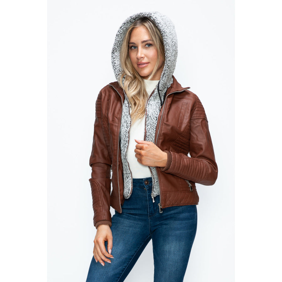 YMI Faux Layered Double-Zipper Jacket with Fuzzy Hood Apparel and Accessories