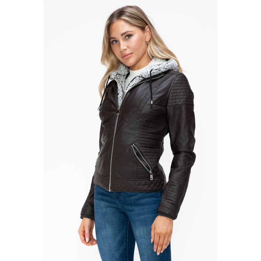 YMI Faux Layered Double-Zipper Jacket with Fuzzy Hood Apparel and Accessories