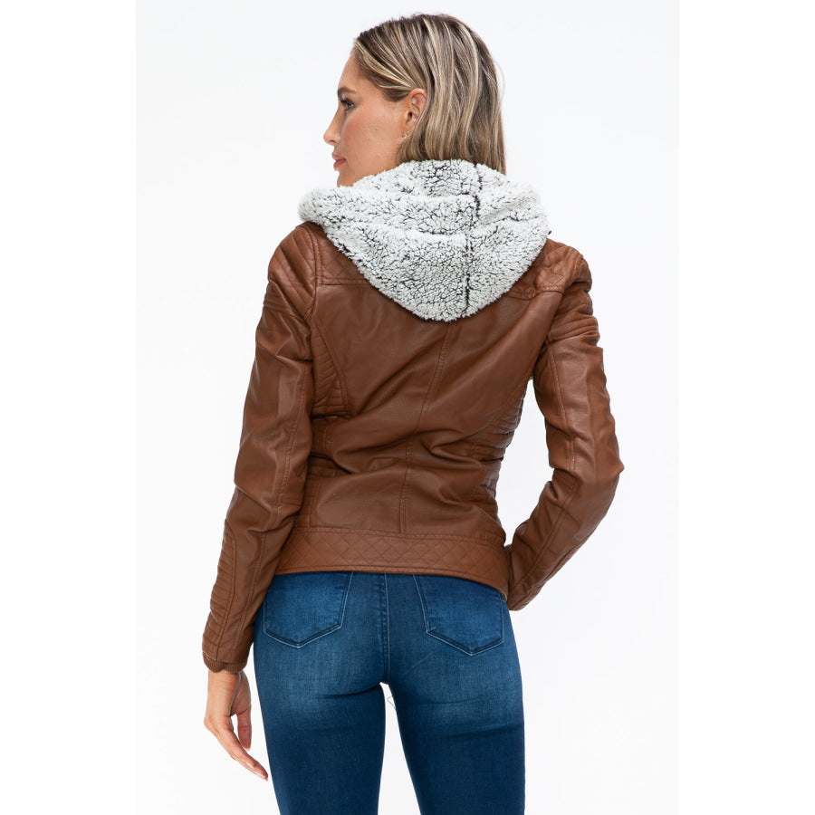 YMI Faux Layered Double-Zipper Jacket with Fuzzy Hood Apparel and Accessories